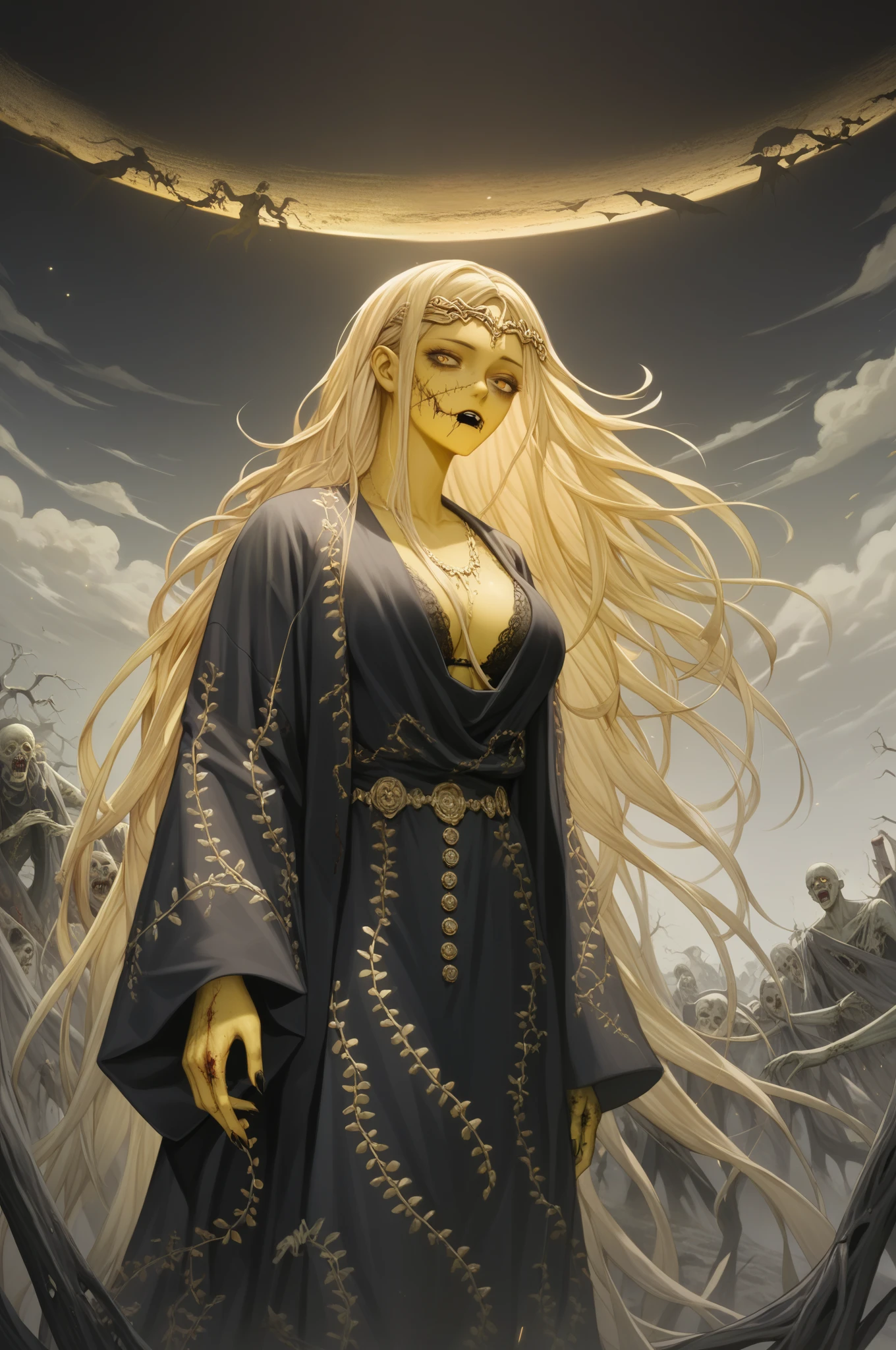 1girl, Zombie, undead, Scary, tall, horror, her skin is smooth and Soft, long hair that cover her face, yellow skin,  she is wearing a black tattered robe decorated with gold embroidery.  senos enormes, caderas anchas, trasero grande, ojos violetas, ojos detallados, Really scary, terrifyingly beautiful, (parada en cuatro patas), (obra maestra), (la mejor calidad),ambientación oscura y tétrica, habitación oscura,