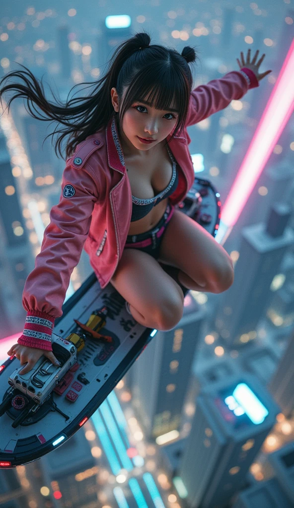 ultra-realistic, photorealistic, dramatic scene, shadow, global-illumination, solo, (teenage Japanese famous idol girl:1.5), very beautiful muscular Japanese girl, very beautiful with very cute but boyish cool face, (wearing a cyborg styled cyber punk colorful pop outfit with pop jacket:1.2), (very large breasts), slim waist, She enjoys surfing on the sky, flying on the futuristic long surf board with jet engine on the sky in a futuristic aerial city, spectacular view of skyscrapers from the sky, looking at viewers, she looks so happy, fun, smile, face focus, at night