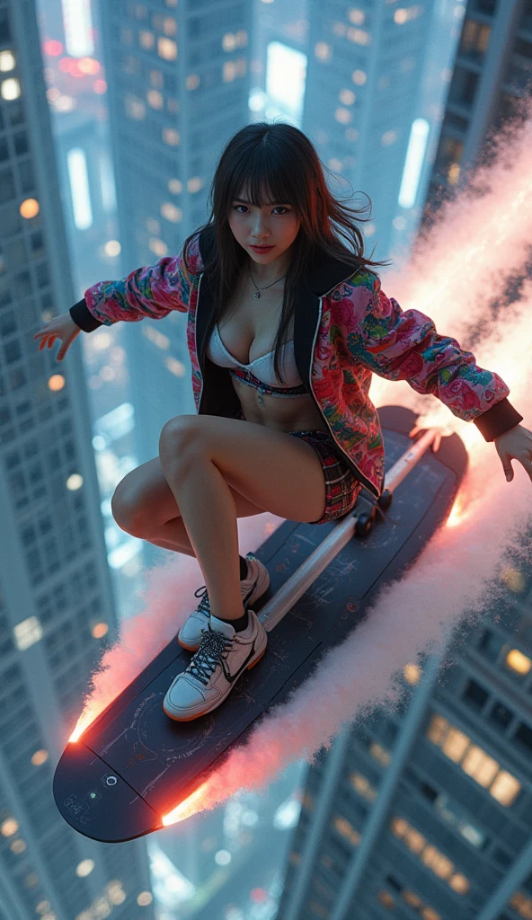 ultra-realistic, photorealistic, dramatic scene, shadow, global-illumination, solo, (teenage Japanese famous idol girl:1.5), very beautiful muscular Japanese girl, very beautiful with very cute but boyish cool face, (wearing a cyborg styled cyber punk colorful pop outfit with pop jacket:1.2), (very large breasts), slim waist, She enjoys surfing on the sky, flying on the futuristic long surf board with jet engine on the sky in a futuristic aerial city, spectacular view of skyscrapers from the sky, looking at viewers, she looks so happy, fun, smile, face focus, at night