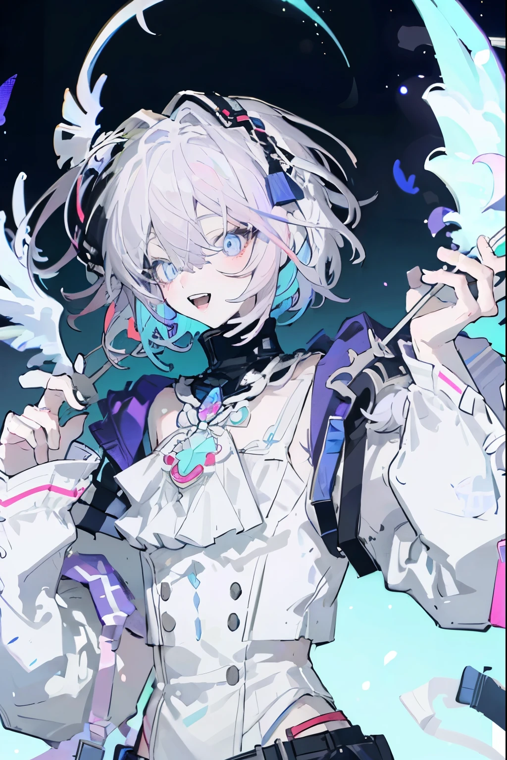 score_9, score_8_up, score_7_up, score_6_up, 1girl, solo, virtual youtuber, halo, amane kanata, wings, star halo, multicolored hair, feathered wings, angel, angel wings, colored inner hair, smile, simple background, asymmetrical hair, open mouth, armband, looking at viewer, bow, blue background, short hair, upper body, blue hair, long sleeves, single hair intake, white wings, purple eyes, :d, bob cut, blue bow, pink hair, mini wings, streaked hair, sailor collar, multicolored eyes, bangs, white hair, jacket, bowtie, turtleneck, grey hair, hair over one eye, high collar, blue eyes, upper teeth only, blush, grey jacket, teeth, sleeve cuffs, sleeves past wrists, blue bowtie, hand on own chest, wide sleeves