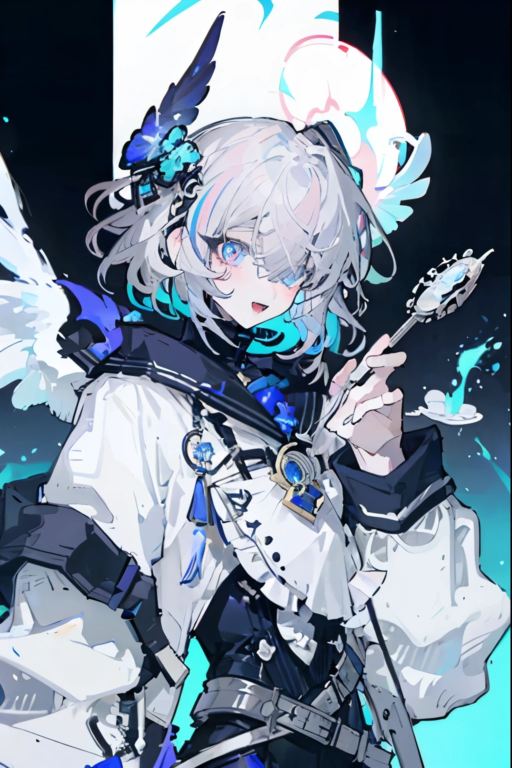 score_9, score_8_up, score_7_up, score_6_up, 1girl, solo, virtual youtuber, halo, amane kanata, wings, star halo, multicolored hair, feathered wings, angel, angel wings, colored inner hair, smile, simple background, asymmetrical hair, open mouth, armband, looking at viewer, bow, blue background, short hair, upper body, blue hair, long sleeves, single hair intake, white wings, purple eyes, :d, bob cut, blue bow, pink hair, mini wings, streaked hair, sailor collar, multicolored eyes, bangs, white hair, jacket, bowtie, turtleneck, grey hair, hair over one eye, high collar, blue eyes, upper teeth only, blush, grey jacket, teeth, sleeve cuffs, sleeves past wrists, blue bowtie, hand on own chest, wide sleeves
