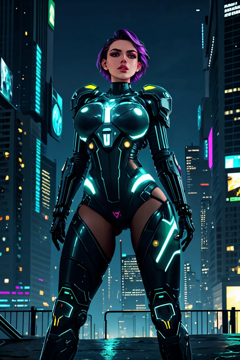 (Extremely detailed CG unity 8k wallpaper), (Extremely detailed), masterpiece, best quality, Japan, 《The City of the Killing》, Megumi Kishimoto, Solitary, short hair, medium breast, Cyberpunk black combat tights, looking at the audience, Thigh gap