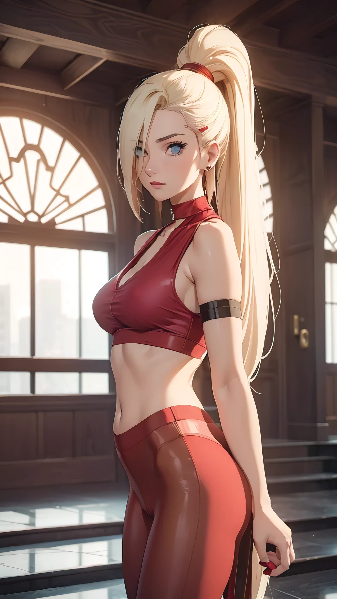 Pretty woman with big breasts. Very long blond hair. Dressed in red leather miniskirt and (transparent red shirt.) standing by a large window. Photorealistic, hyperdetailed, high quality, 8k --auto --s2