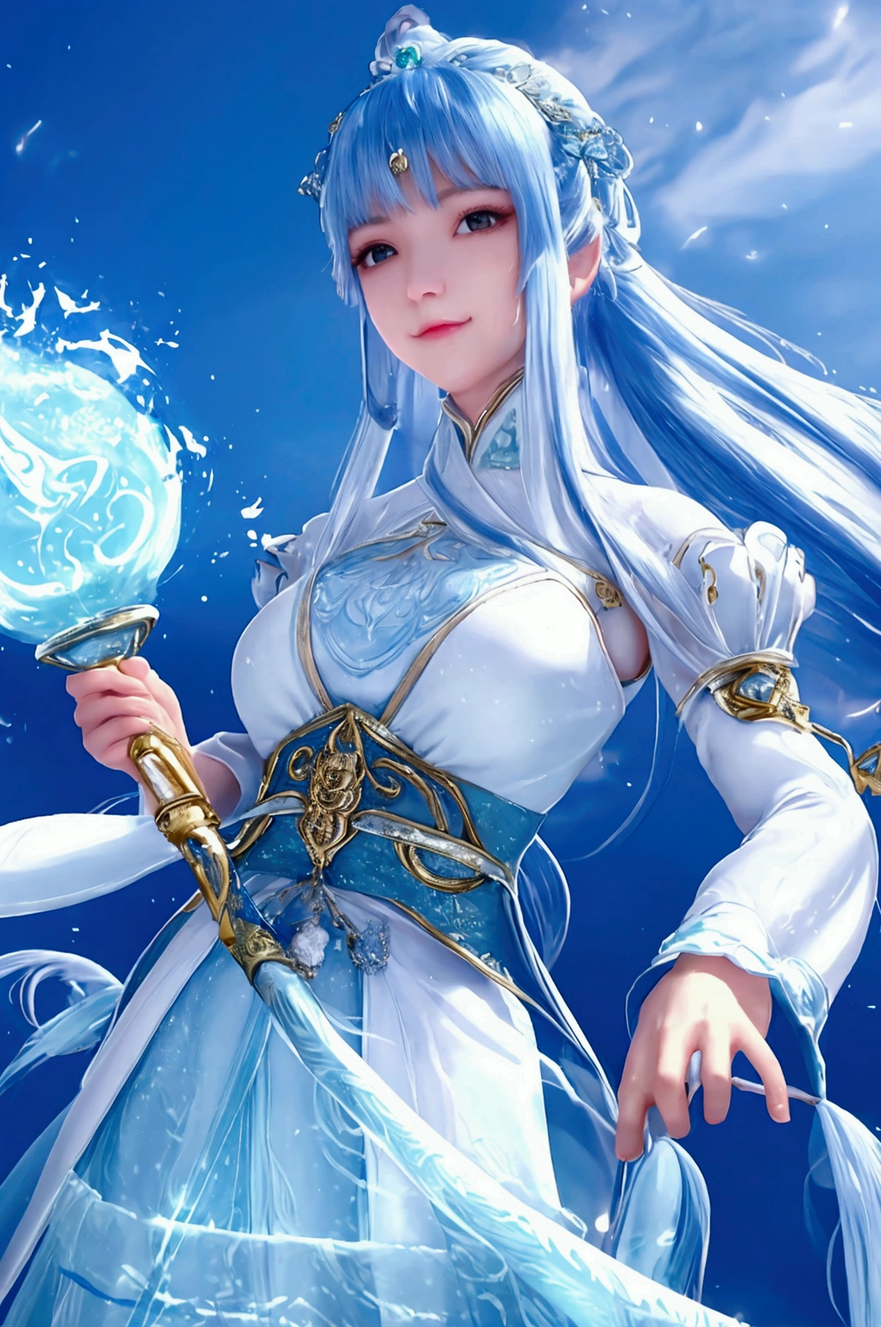 Ultra high density，detail，best quality，Snow Mountain Sword Painting ,  Vintage Women's Ice Ice Sword ,  Handheld Blue Flame Burning Sword ,  White Dress Dance Sword Long hair fluttering in the snow ,  A beautiful woman holding a silver longsword , Wear jade jewelry,  Her face filled with a confident smile, She is suspended in the clouds like a fairy,  Behind her body is a layered mountain   , 