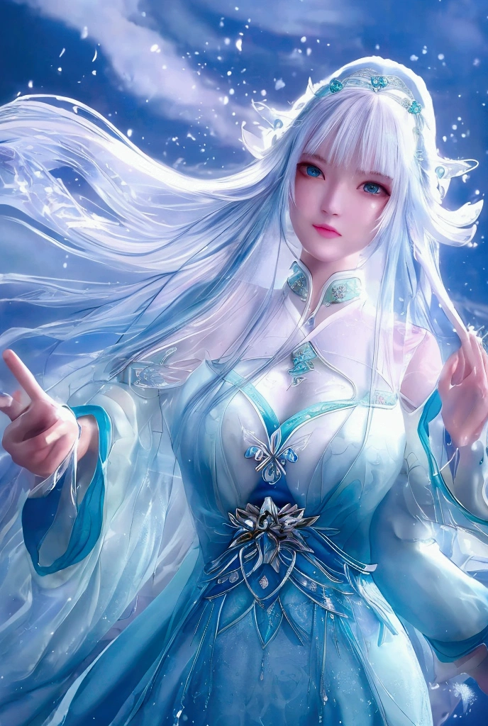 Ultra high density，detail，best quality，Snow Mountain Sword Painting ,  Vintage Women's Ice Ice Sword ,  Handheld Blue Flame Burning Sword ,  White Dress Dance Sword Long hair fluttering in the snow ,  A beautiful woman holding a silver longsword , Wear jade jewelry,  Her face filled with a confident smile, She is suspended in the clouds like a fairy,  Behind her body is a layered mountain   , 