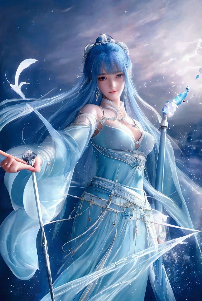 Ultra high density，detail，best quality，Snow Mountain Sword Painting ,  Vintage Women's Ice Ice Sword ,  Handheld Blue Flame Burning Sword ,  White Dress Dance Sword Long hair fluttering in the snow ,  A beautiful woman holding a silver longsword , Wear jade jewelry,  Her face filled with a confident smile, She is suspended in the clouds like a fairy,  Behind her body is a layered mountain   , 