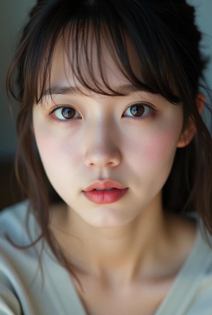 Picture of a woman's face  、(  sharp concentration ), From below, (  kneel and look up  :1.10), (( mouth:1.6)), (  born in the year:1.8), (Ultra-detailed beautiful faces:1.10), ( super detailed beautiful slim body :1.9), 21 years old, (  super detailed beautiful Japanese beauty idol :1.7), (  troubled face:1.3), Woman in the center of the image, break,  photorealistic, hyperrealism, Portrait of a young and adorable Japanese woman , Japanese facial features,  young and cute skinny oriental face ,  可愛いの顔21 years oldアイドル, Beautiful Japanese girl face , Japanese facial features,  she has adorable looks  