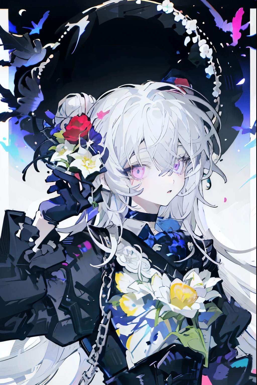 score_9, score_8_up, score_7_up, score_6_up, 1girl, flower, solo, yellow flower, sunflower, gloves, looking at viewer, blue flower, red flower, choker, spider lily, white flower, purple flower, chrysanthemum, upper body, black gloves, white hair, black background, headgear, black choker, pink eyes, pink flower, ribbon, lily \(flower\), closed mouth, purple eyes, rose, daisy, neck ribbon, hair between eyes, long hair, petals, black flower, long sleeves, anemone \(flower\), blood