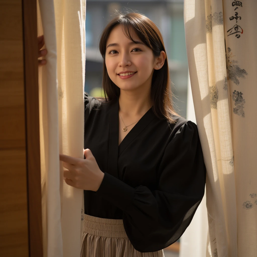 A highly detailed, photorealistic image of a young East-Asian woman peeking through a traditional Japanese noren curtain. She is gently holding the curtain open with both hands, creating an inviting and warm atmosphere. Her attire is a mix of modern and subtle elegance, featuring a black long-sleeve blouse with delicate puffed sleeves that add a refined touch to her look. She is also wearing a high-waisted, light-colored skirt with faint striped patterns, which contrasts beautifully with her black top, balancing sophistication with simplicity.

Her expression is warm and welcoming, with a bright, natural smile that conveys a sense of joy and friendliness. Her hair is parted slightly to the side and flows loosely over her shoulders, framing her face gently. A small, understated necklace adds a subtle sparkle to her neckline, enhancing her graceful appearance without overwhelming the scene.

The noren curtain she is holding has a traditional Japanese calligraphy print on it, adding an authentic cultural element to the image. The background beyond the curtain is dimly lit, drawing focus to her figure and the soft textures of the curtain itself. The lighting highlights her face and hands, creating a soft glow that emphasizes her cheerful expression and warm demeanor. Capture the intricate details of the fabric, her outfit, and the natural texture of her hair, using light and shadow to enhance the depth and realism of the scene. Emphasize the blend of traditional Japanese culture and modern elegance, showcasing her as a welcoming figure emerging from a traditional setting with charm and poise.