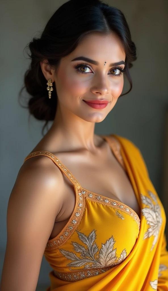 Beautiful woman smiling in clothes with open chest