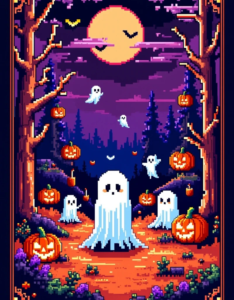 Retro pixel game, Halloween ghost battle, dark style, high saturation color matching, ethereal and weird background, cover art, gorgeous pixel art, magical fantasy art, Halloween elements, Famicom, 8-bit pixels, pixel style