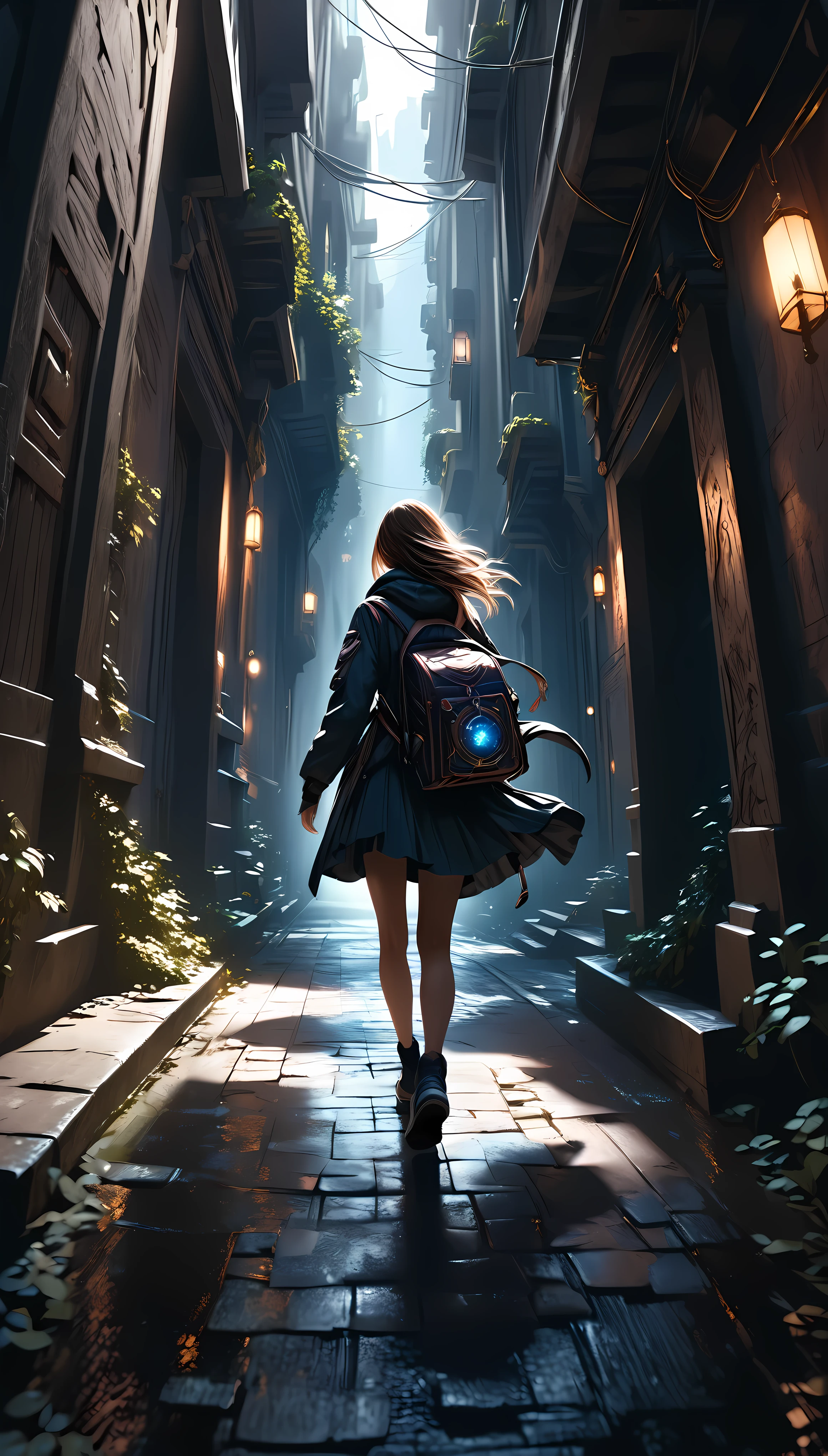 a girl walking down a dark alley, mysterious portal to another dimension in the distance, girl turns back as if saying goodbye, intricate details, photorealistic, dramatic lighting, cinematic, moody atmosphere, fantasy, sci-fi, concept art