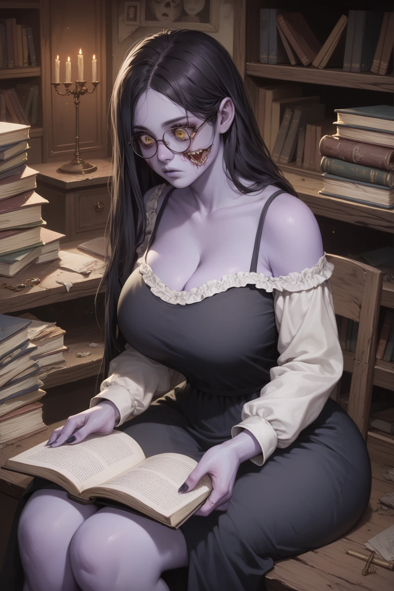 1girl, Zombie, Undead, scary, tall, horror,  her skin is smooth and Soft , long hair that cover her face, purple skin, wearing glasses, expressionless face.  huge breasts,  wide hips,  big butt ,  yellow-eyed , detailed eyes, Really scary, terrifyingly beautiful, cute, (Sitting reading a magical grimoire), ( masterpiece ), (la mejor calidad), dark and gloomy setting, In an Abandoned Library 