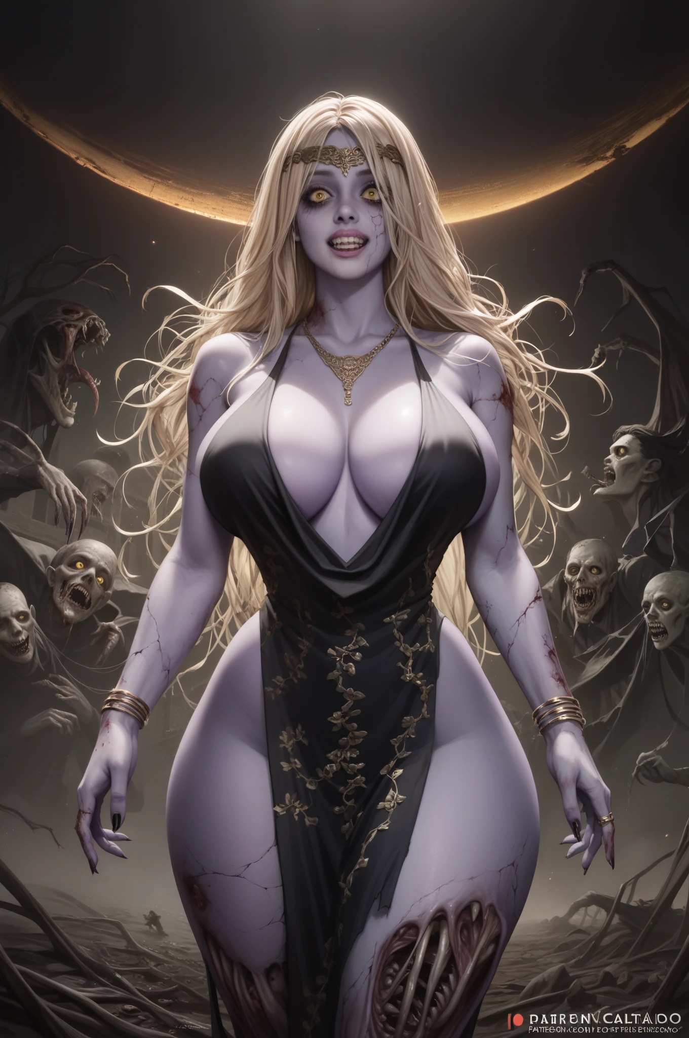 1girl, Zombie, Undead, scary, tall, horror,  her skin is smooth and Soft , long hair that cover her face, purple skin.  huge breasts,  wide hips,  big butt ,  yellow-eyed , detailed eyes, Really scary, terrifyingly beautiful, (standing), ( masterpiece ), (la mejor calidad), dark and gloomy setting,  Dark Room,