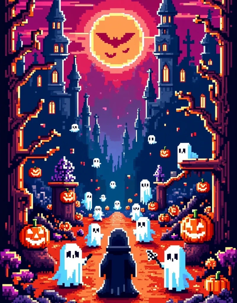 Retro pixel game, Halloween ghost battle, dark style, high saturation color matching, ethereal and weird background, cover art, gorgeous pixel art, magical fantasy art, Halloween elements, Famicom, 8-bit pixels, pixel style