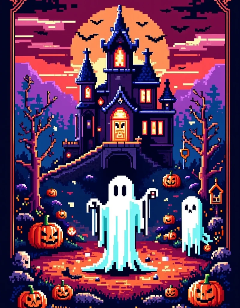 Retro pixel game, Halloween ghost battle, dark style, high saturation color matching, ethereal and weird background, cover art, gorgeous pixel art, magical fantasy art, Halloween elements, Famicom, 8-bit pixels, pixel style