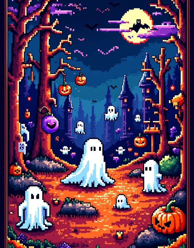 Retro pixel game, Halloween ghost battle, dark style, high saturation color matching, ethereal and weird background, cover art, gorgeous pixel art, magical fantasy art, Halloween elements, Famicom, 8-bit pixels, pixel style