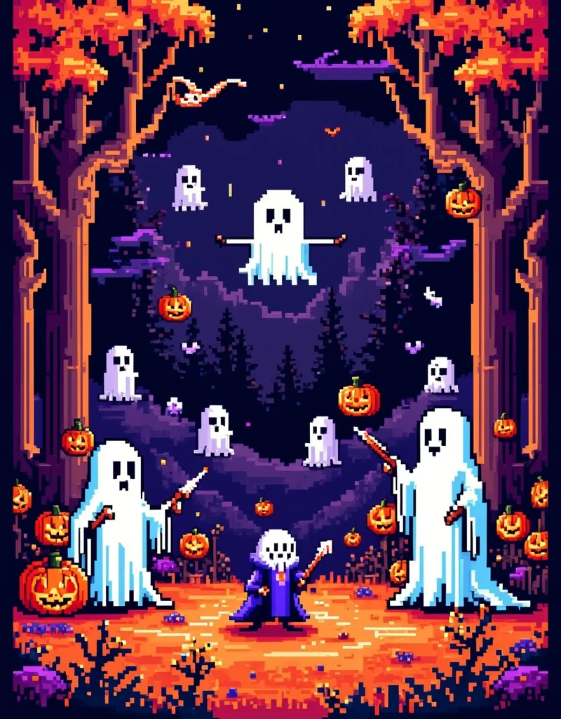 Retro pixel game, Halloween ghost battle, dark style, high saturation color matching, ethereal and weird background, cover art, gorgeous pixel art, magical fantasy art, Halloween elements, Famicom, 8-bit pixels, pixel style