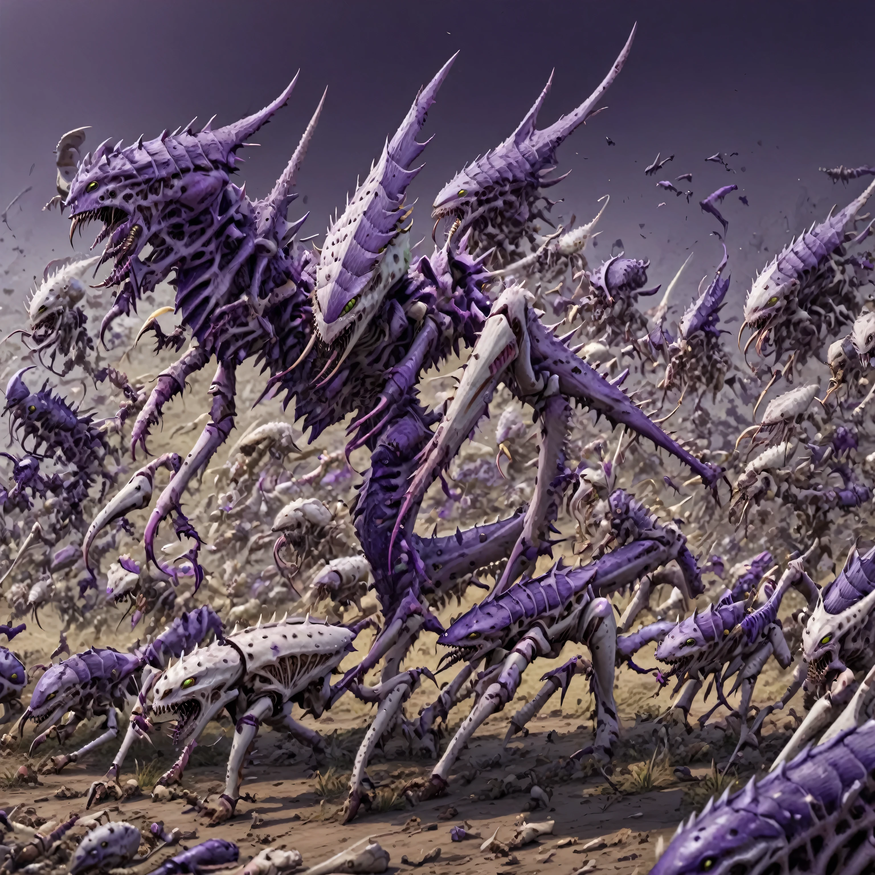 a swarm of monsters running across a battlefield, tyrnd, teeth, claws, spikes, big leg's, purple and white, Mantis body, Purple skin 