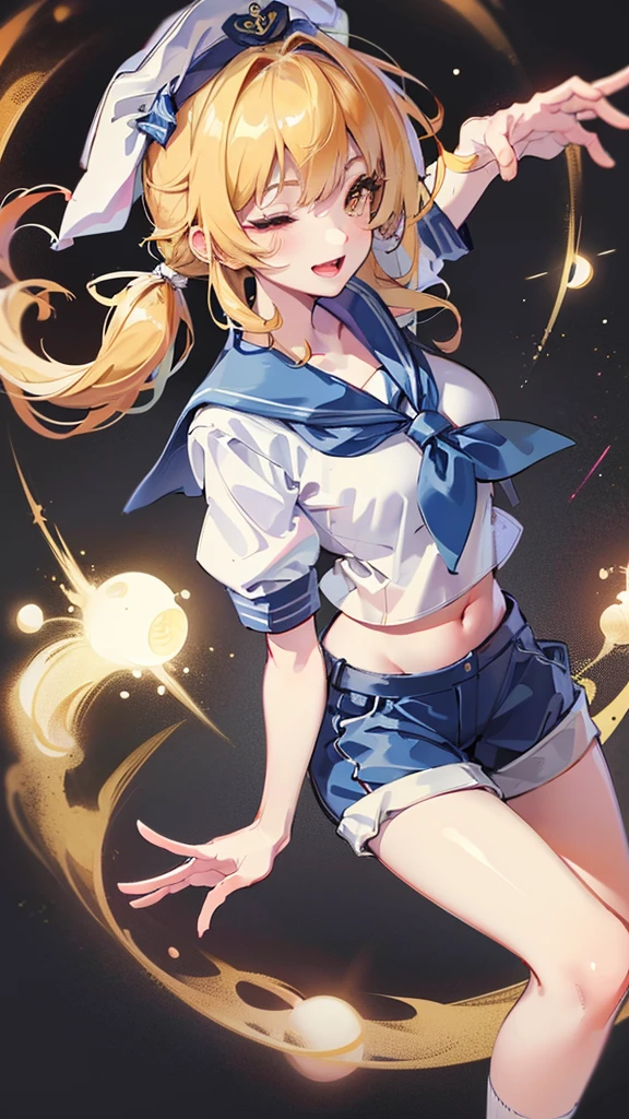 Twin-tailed golden-haired girl in sailor suit, Visible navel, Wear a hat and pants.a drawing of an anime character, clean line drawings, ultra cute girl, ultra cute face, ultra detailed eyes, ultra detailed hair, ultra cute, ultra beautiful, ((high end)), (UHD picture), (best quality,4k,8k,highres,masterpiece:1.2), top-quality(​masterpiece), top-quality, ultra-detailed, highly detailed texture, intricate details, high quality textures, masterpiece, best quality, perfect quality, perfect anatomy, perfect body, perfect symmetrical face, perfect hands, perfect feet, (two arms:1.2), (two legs:1.2), (five fingers each:1.2), (perfect joint:1.2), perfect joint movement, precise fingers and hands, 1 beautiful girl, 1 girl, alone, solo, , , ((())), ((ish)), (Best Quality, hight resolution), extremely detailed and lifelike, Vibrant colors, simple background, white socks, blonde hair, hat, blue sailor collar, twintails, sailor collar, sailor hat, yellow eyes, marine costume, short sleeves, shirt, blue neckerchief, white headwear, sailor, white shirt, white shorts, neckerchief, smile, Chiyuri, from behind, to lift up one’s skirt, cowboy shot, from front, standing, raise one leg, crossed arms, arms up behind, arms behind back, hand between legs, put hands hip, one hand on hip, forward hands, arms raised in the air, punch hands, peace sign, waving, put up index finger, sit, lie down, closed eyes, lie face down, looking back, put one hand chest, leaning forward, cleavage, close up, horizontally outstretched arms, horizontally outstretched legs, front view, front face, huge breasts for short stature, cleavage is clearly visible, G-Cup, heart hands, pointing at oneself