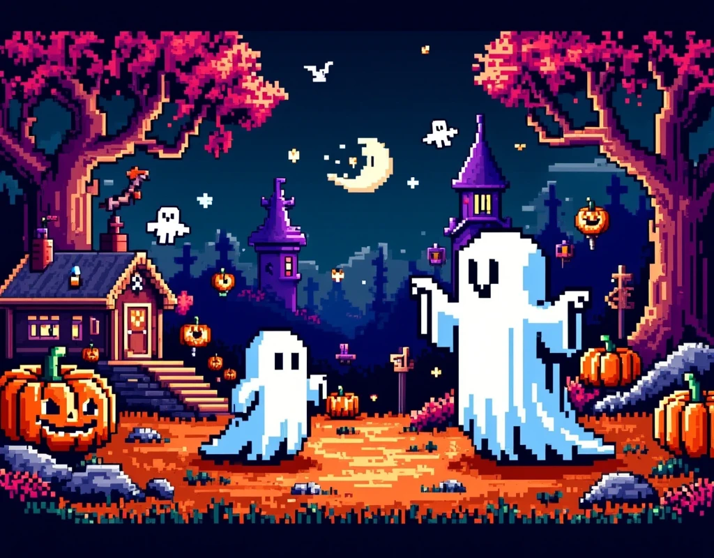 Retro pixel game, Halloween ghost battle, dark style, high saturation color matching, ethereal and weird background, cover art, gorgeous pixel art, magical fantasy art, Halloween elements, Famicom, 8-bit pixels, pixel style