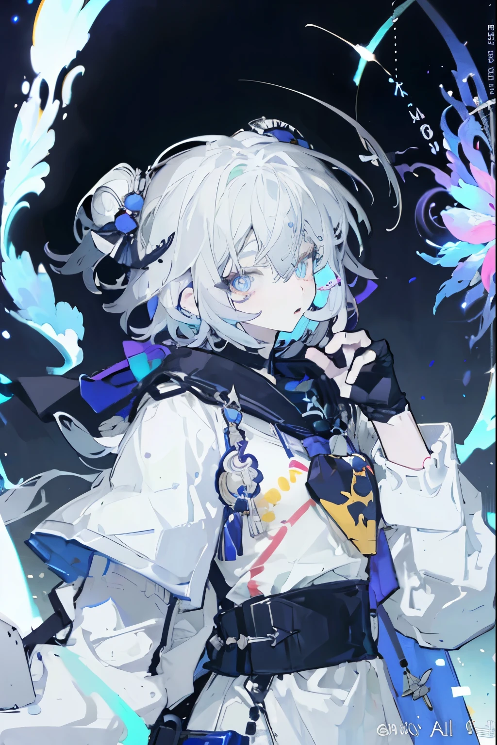 score_9, score_8_up, score_7_up, score_6_up, ( masterpiece , high quality, best quality, Official Art , Beautiful and Aesthetic :1.2), (1 Girl), Extreme details, (Fractal Art:1.3), colorful , Highest detail, Perfect face, upper body, HDR, (pray:1.3), ( white cape gold lines :1.2), galaxy, (Light streaks), Eye-catching visuals, (Dynamic Stripes, Glowing traces:1.2), bright colors ,
