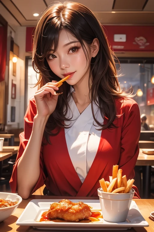 A professional photoshoot featuring a stylish Korean female model beaming with joy as she enjoys a crispy, golden-brown chicken drumstick and a generous portion of seasoned French fries from a renowned local fried chicken restaurant in Seoul. 

"red silk robe loosely tied, revealing her body."

She is seated on a modern, sleek chair in a minimalist studio, exuding a sophisticated yet approachable vibe. The background is a solid, vibrant red color, reminiscent of the iconic KFC brand. Her sleek, shoulder-length hair and natural, glowing makeup complement her minimalist, fashionable outfit in neutral tones. The chicken drumstick and fries are arranged on a small, disposable plate, angled to showcase their features and the restaurant's unique cooking style. The model is dipping the chicken drumstick into a small cup of tangy tomato ketchup, her face lit up with a genuine smile. The lighting is soft and natural, with focused spotlights illuminating the model and the food. The model’s pose is relaxed and natural, as she savors her meal, creating a professional, high-end lifestyle image that blends urban style with playful, functional product design, the classic comfort of Korean cuisine, and the timeless appeal of fast food.