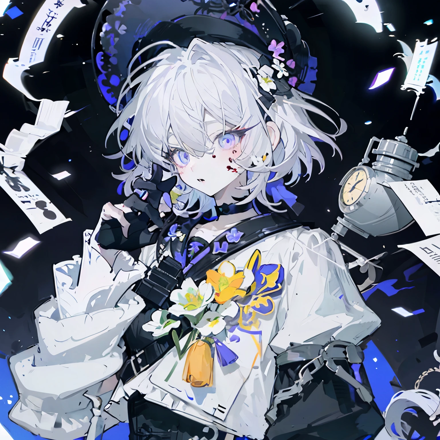 score_9, score_8_up, score_7_up, score_6_up, 1girl, flower, solo, yellow flower, sunflower, gloves, looking at viewer, blue flower, red flower, choker, spider lily, white flower, purple flower, chrysanthemum, upper body, black gloves, white hair, black background, headgear, black choker, pink eyes, pink flower, ribbon, lily \(flower\), closed mouth, purple eyes, rose, daisy, neck ribbon, hair between eyes, long hair, petals, black flower, long sleeves, anemone \(flower\), blood