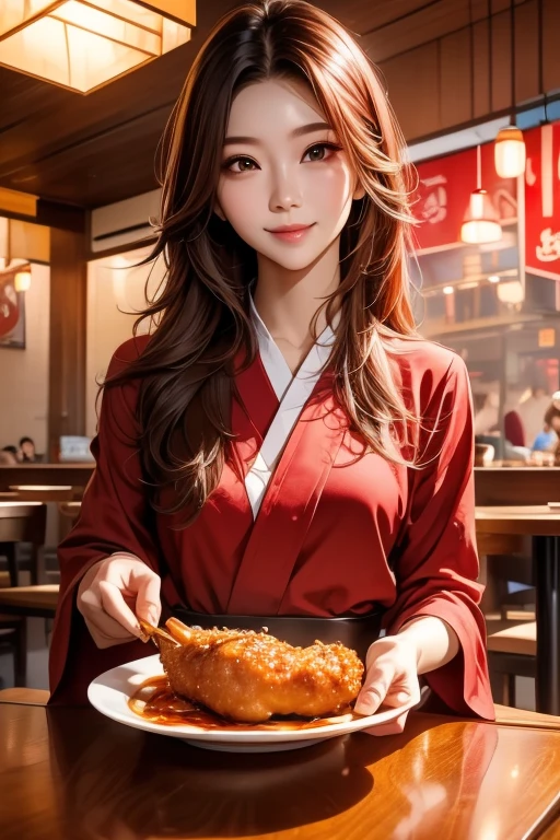 A professional photoshoot featuring a stylish Korean female model beaming with joy as she enjoys a crispy, golden-brown chicken drumstick and a generous portion of seasoned French fries from a renowned local fried chicken restaurant in Seoul. 

"red silk robe loosely tied, revealing her body."

She is seated on a modern, sleek chair in a minimalist studio, exuding a sophisticated yet approachable vibe. The background is a solid, vibrant red color, reminiscent of the iconic KFC brand. Her sleek, shoulder-length hair and natural, glowing makeup complement her minimalist, fashionable outfit in neutral tones. The chicken drumstick and fries are arranged on a small, disposable plate, angled to showcase their features and the restaurant's unique cooking style. The model is dipping the chicken drumstick into a small cup of tangy tomato ketchup, her face lit up with a genuine smile. The lighting is soft and natural, with focused spotlights illuminating the model and the food. The model’s pose is relaxed and natural, as she savors her meal, creating a professional, high-end lifestyle image that blends urban style with playful, functional product design, the classic comfort of Korean cuisine, and the timeless appeal of fast food.