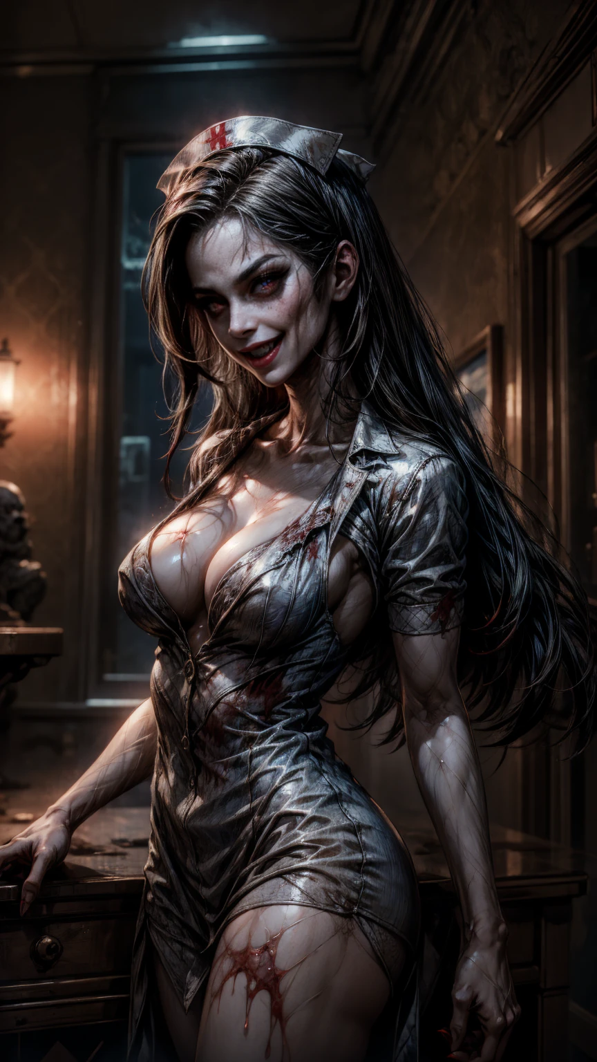 ( an evil sexy nurse , pale skin, dark blue light, night) in a,  Abandoned hospital room with low light ,  wearing a tight white nurse's uniform  [ sexy nurse costume ] that accentuates its curves,  bloodstained suit ,  with a revealing low neckline and a short hem .  She has a sadistic smile ,  straight up black hair .  The eyes of The nurse is bright red and demonic,  with gothic makeup and flowing , [beautiful detailed eyes].  smoky Her lips are delicious and shiny ,  Demonic Seduction , [ beautiful and detailed lips ].  she walks in the terrifying corridors , Holding a bloodied knife,  Ultra detailed,  ultra intricate details , close up, half body, portrait, 4k, Details in red and black, paranormal atmosphere 
