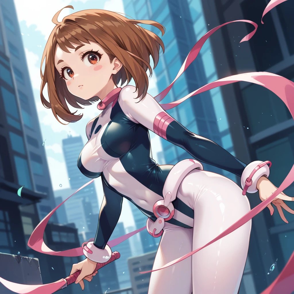 (side angle), ochako uraraka, brown eyes, brown hair, short hair, blush, blush stickers, bodysuit, skin tight, superhero, slender body, tiny waist. sexy body, sexy figure, slim legs, slim figure, sexy, tiny waist, desireable, tempting, lust