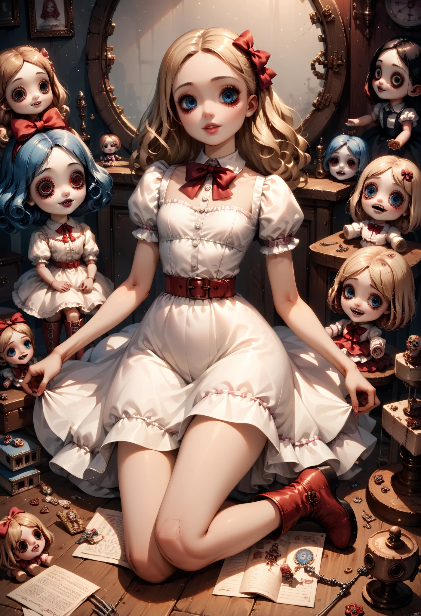 A doll girl , ( porcelain doll) , Annabelle the doll , (((horror))), Scarily adorable, White Dress, ,red belt,Blue eyes,boots, (AKDTFLPD),  wide hips,  big butt , detailed eyes, beautiful eyes, ( masterpiece ), (la mejor calidad) 