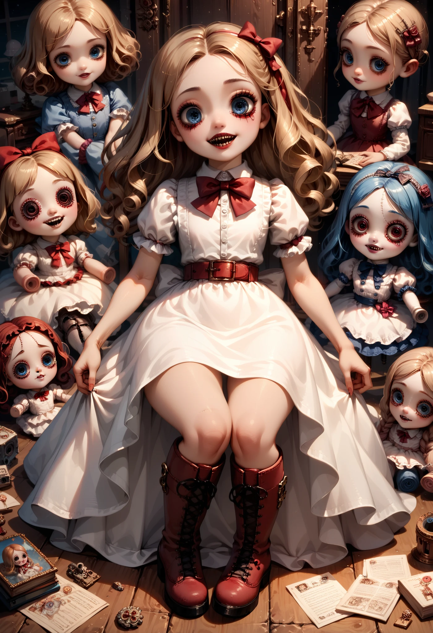 A doll girl , ( porcelain doll) , Annabelle the doll , (((horror))), Scarily adorable, White Dress, ,red belt,Blue eyes,boots, (AKDTFLPD),  wide hips,  big butt , detailed eyes, beautiful eyes, ( masterpiece ), (la mejor calidad) 