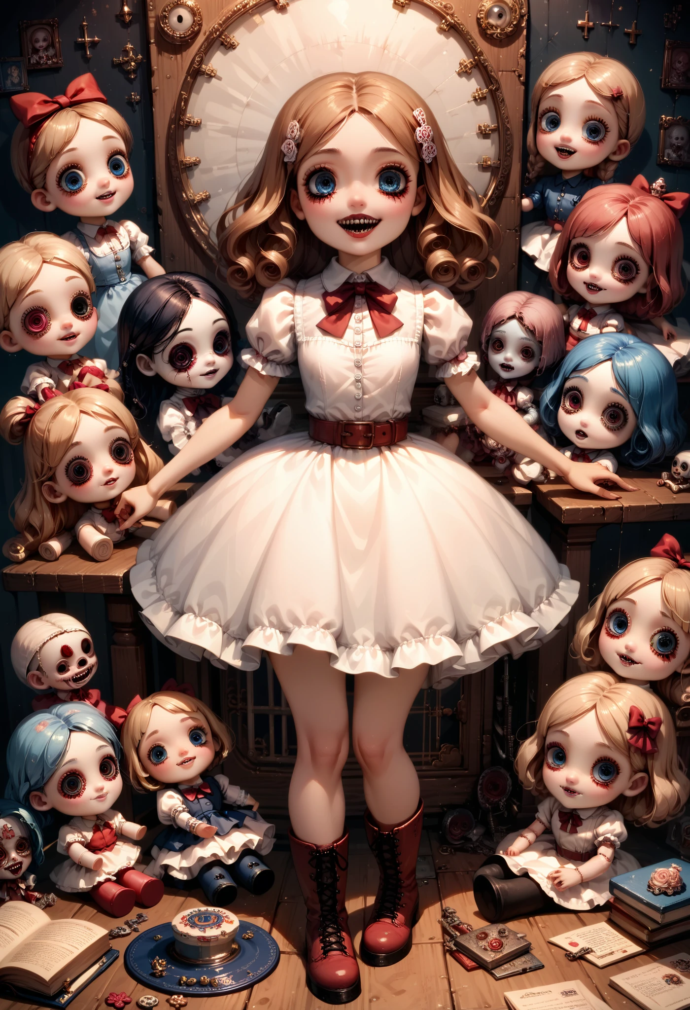 A doll girl , ( porcelain doll) , Annabelle the doll , (((horror))), Scarily adorable, White Dress, ,red belt,Blue eyes,boots, (AKDTFLPD),  wide hips,  big butt , detailed eyes, beautiful eyes, ( masterpiece ), (la mejor calidad) 