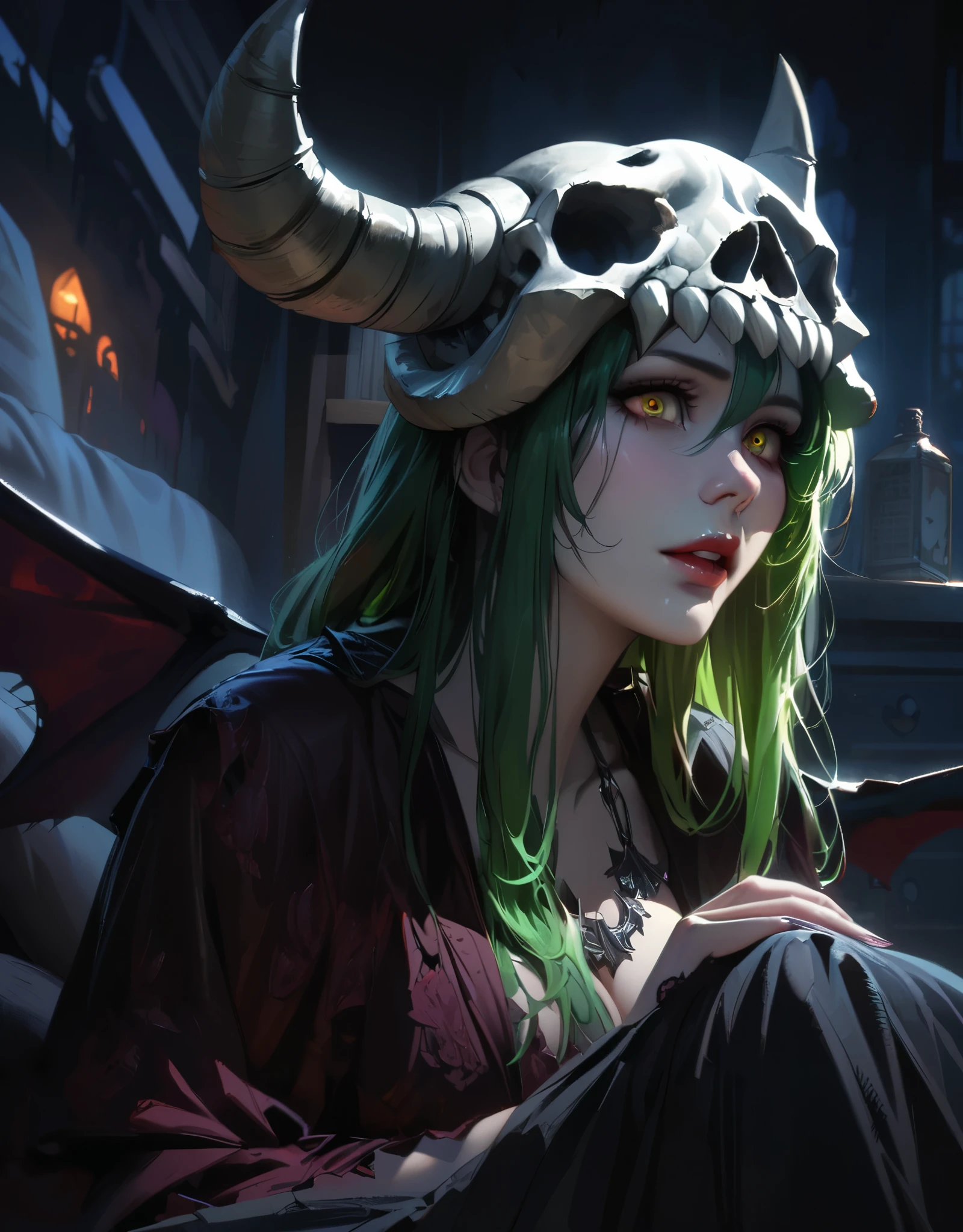 a beautiful detailed portrait of anime girl dressed as vampires, Long green haired girl with skull adornments resembling nelliel from Bleach, detailed face, beautiful detailed eyes, beautiful detailed lips, extremely detailed eyes and face, longeyelashes, vampire wings, thick thigh, sitting on bed, highly detailed characters, ultra extreme detailed, sharp focused, spooky Halloween background, best quality,4k,8k,32k,highres,masterpiece, realistic, super realistic,studio lighting,ultra-fine painting,extreme detail description,professional,vivid color, horror,dark,moody,dramatic lighting