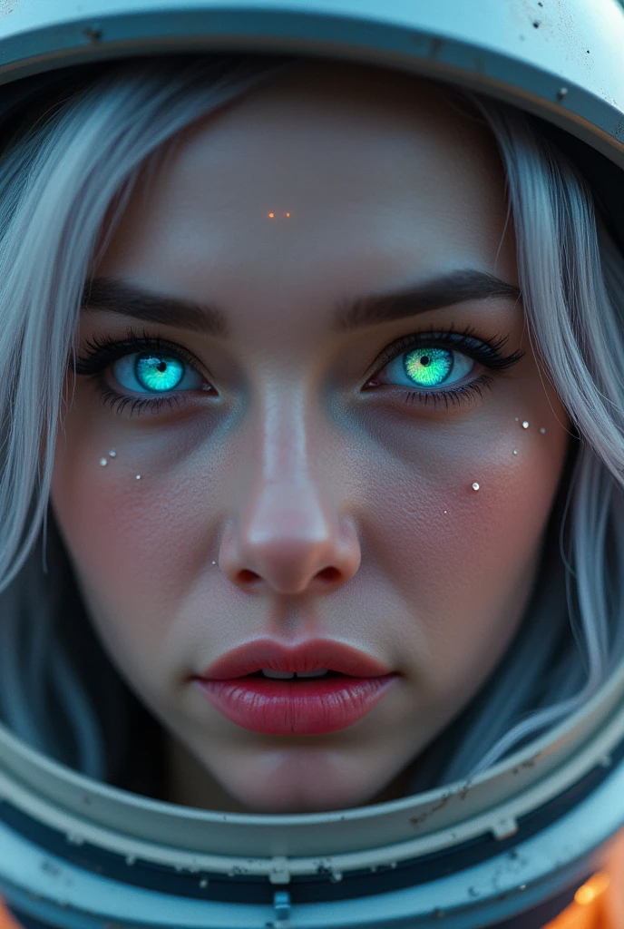 (Close-up of a better masterpiece:1.5)0.9], (Space and astronauts:1.2) (Messy silver hair:1.1) (Heterochromia xanthochromia and blue eyes:1.2) (Space Helmet:1.0) (Colored stars in the eyes:1.0) (A radiant glow:1.1) (thick lips:0.9)