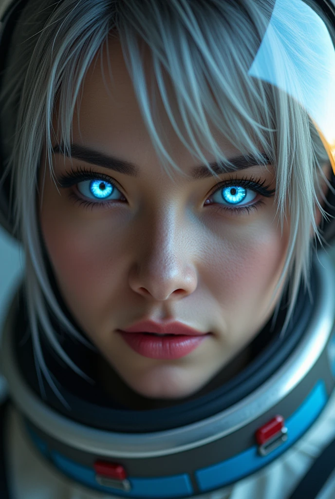 (Close-up of a better masterpiece:1.5)0.9], (Space and astronauts:1.2) (Messy silver hair:1.1) (Heterochromia xanthochromia and blue eyes:1.2) (Space Helmet:1.0) (Colored stars in the eyes:1.0) (A radiant glow:1.1) (thick lips:0.9)