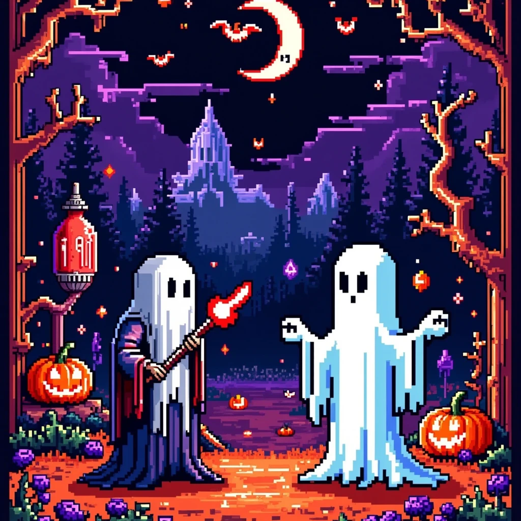 Retro pixel game, Halloween ghost battle, dark style, high saturation color matching, ethereal and weird background, cover art, gorgeous pixel art, magical fantasy art, Halloween elements, Famicom, 8-bit pixels, pixel style