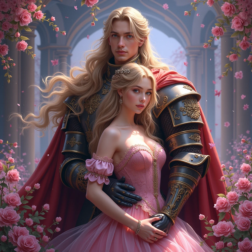 knight in metal armor looking at a princess in dress, they are off in the distance of a lush forest of trees landscape shot, painting with pallet knife and brush strokes, unreal engine, alphonse mucha style, makoto shinkai and lois van baarle style, global illumination, detailed and intricate environment, pink and red hearts
