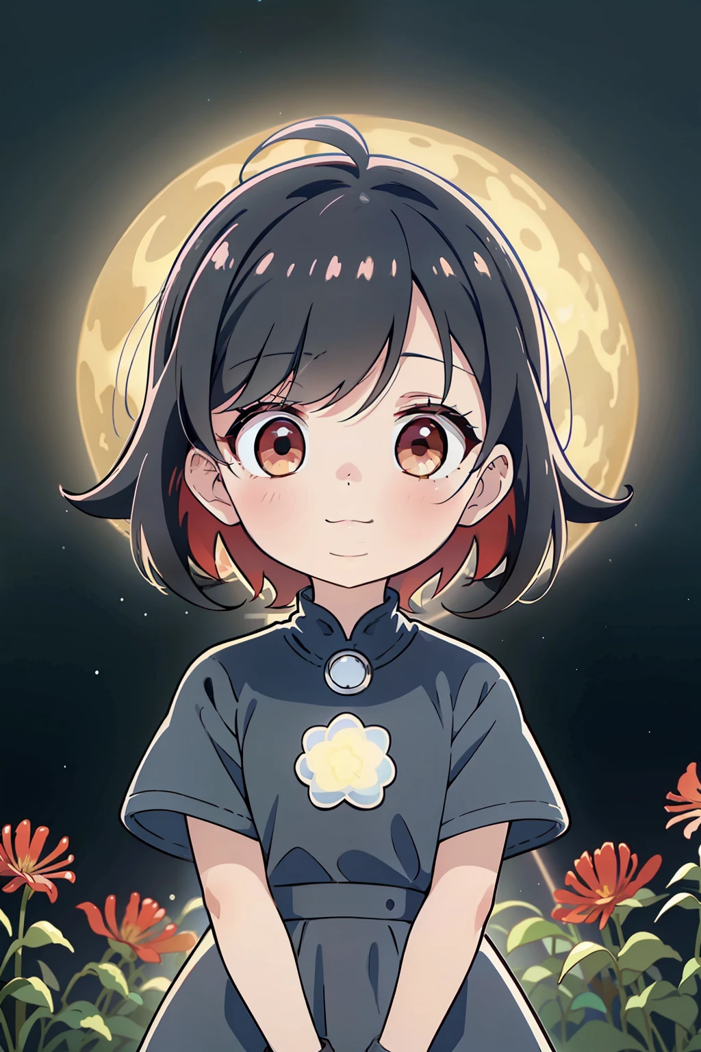 (high-quality, breathtaking),(expressive eyes, perfect face) portrait, 1girl, Symmetrical Eyes, short height, adolescent age, black hair, red eyes, black and red trim shirt, blue skirt, knee high socks, small boots, medium full shot, cowboy shot, red spider lilies, medium hair, stylized hairstyle, cute smile, 5, anime chibi, cute modern clothing, black background, starry sky, blue lighting, moon background, green field, field of red flowers