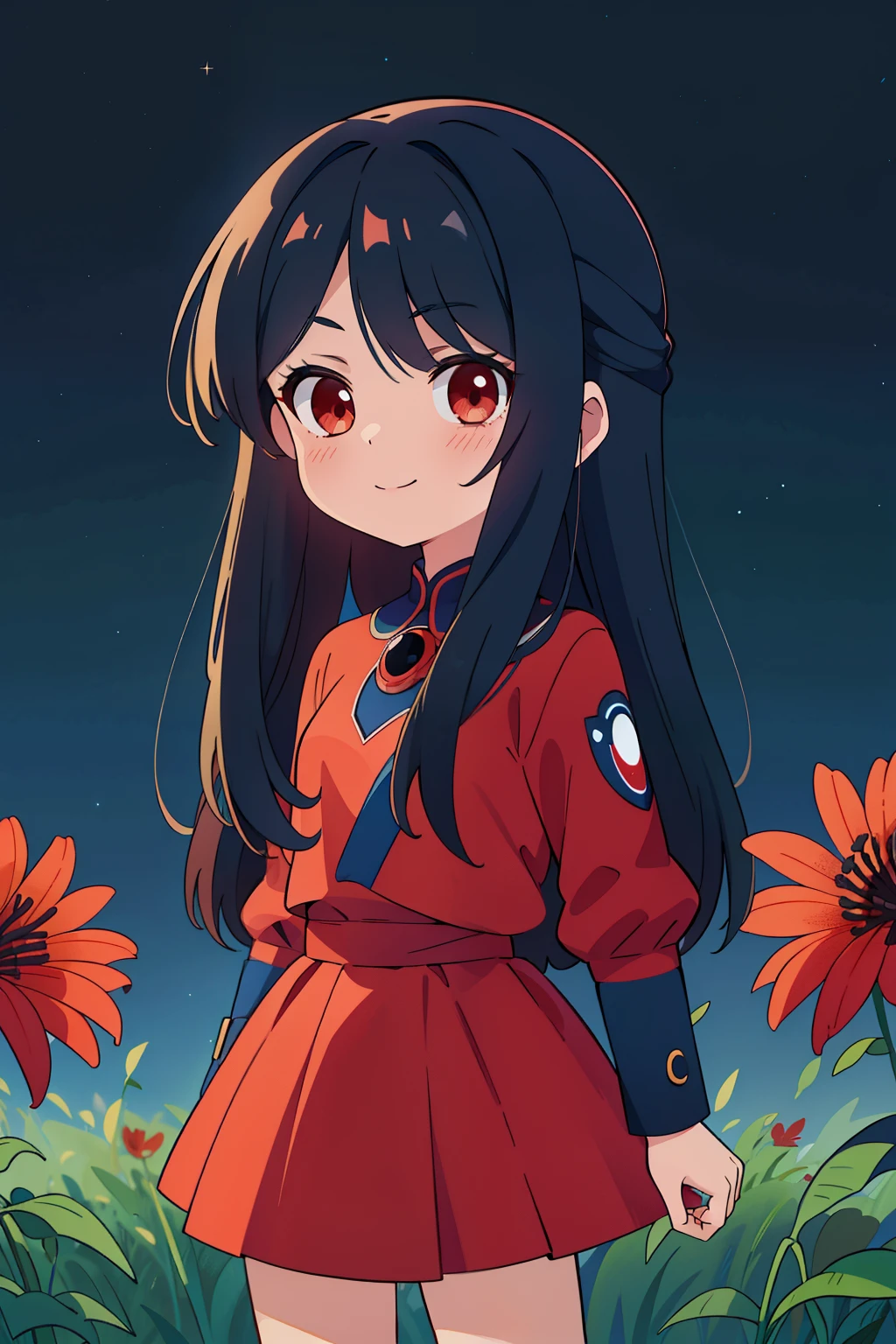 (high-quality, breathtaking),(expressive eyes, perfect face) portrait, 1girl, Symmetrical Eyes, short height, adolescent age, black hair, red eyes, black and red trim shirt, blue skirt, knee high socks, small boots, medium full shot, cowboy shot, red spider lilies, long hair, stylized hairstyle, cute smile, 5, anime chibi, cute modern clothing, black background, starry sky, blue lighting, moon background, green field, field of red flowers, nebula sky