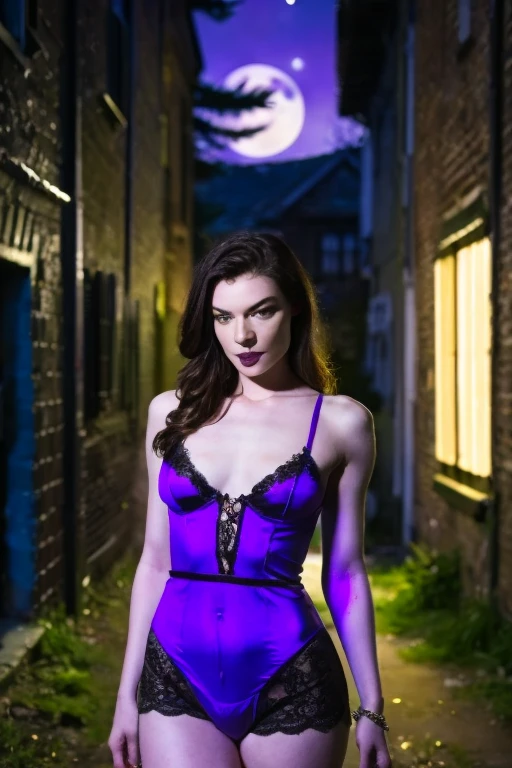 Stoya wearing a gothic medieval clothes , Hot body, sensual, sexy, at ((night in a mysterious alleyway)) setting, (((under the moonlight))). TSony Alpha A7R III, macros lens , f/5.6. ((Cinematic purple Lighting)) .