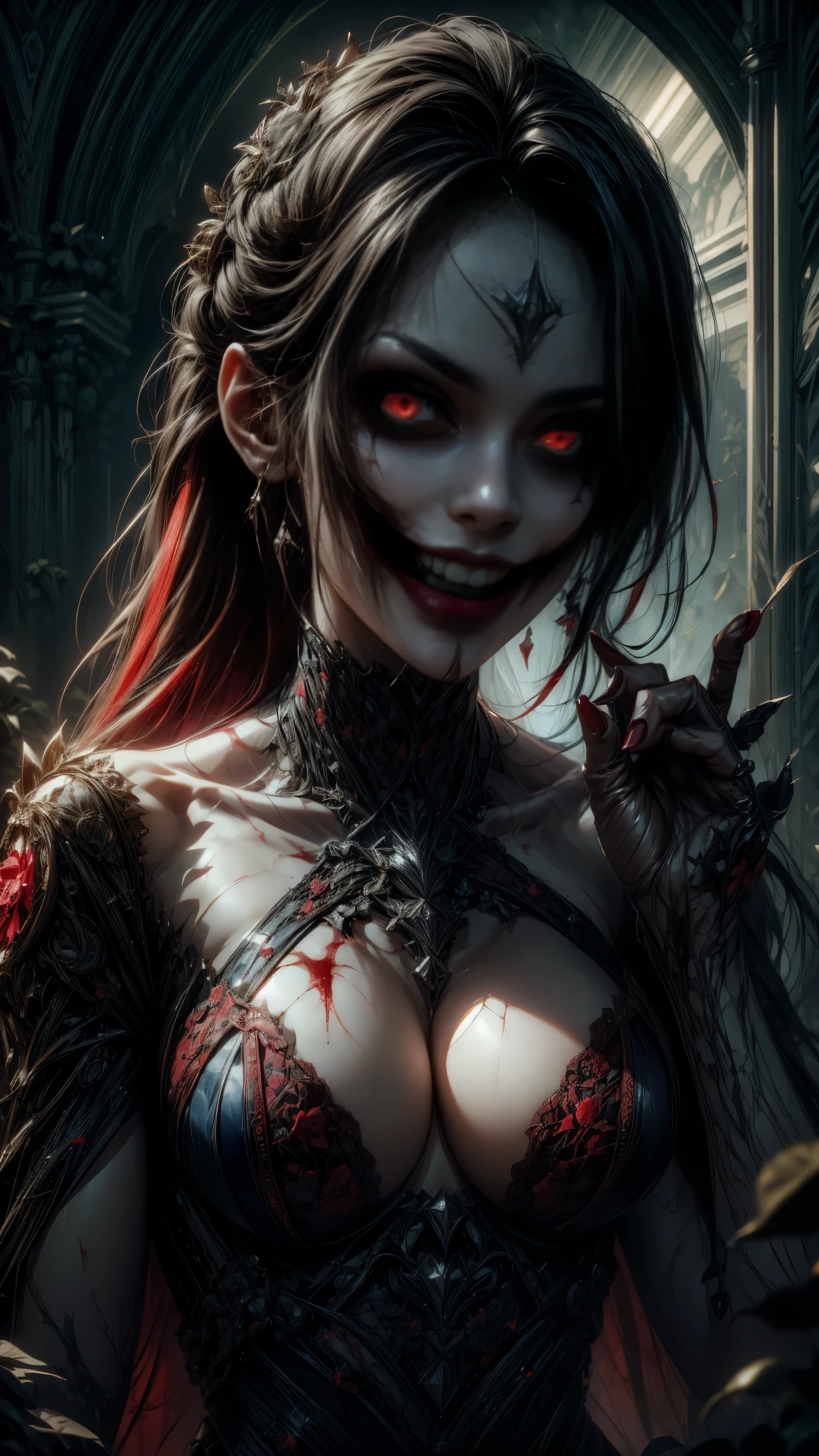 ( an evil sexy nurse , pale skin, dark blue light, night) in a,  Abandoned hospital room with low light ,  wearing a tight white nurse's uniform  [ sexy nurse costume ] that accentuates its curves,  bloodstained suit ,  with a revealing low neckline and a short hem .  She has a sadistic smile ,  straight up black hair .  The eyes of The nurse is bright red and demonic,  with gothic makeup and flowing , [beautiful detailed eyes].  smoky Her lips are delicious and shiny ,  Demonic Seduction , [ beautiful and detailed lips ].  she walks in the terrifying corridors , Holding a bloodied knife,  Ultra detailed,  ultra intricate details , close up, half body, portrait, 4k, Details in red and black, paranormal atmosphere 
