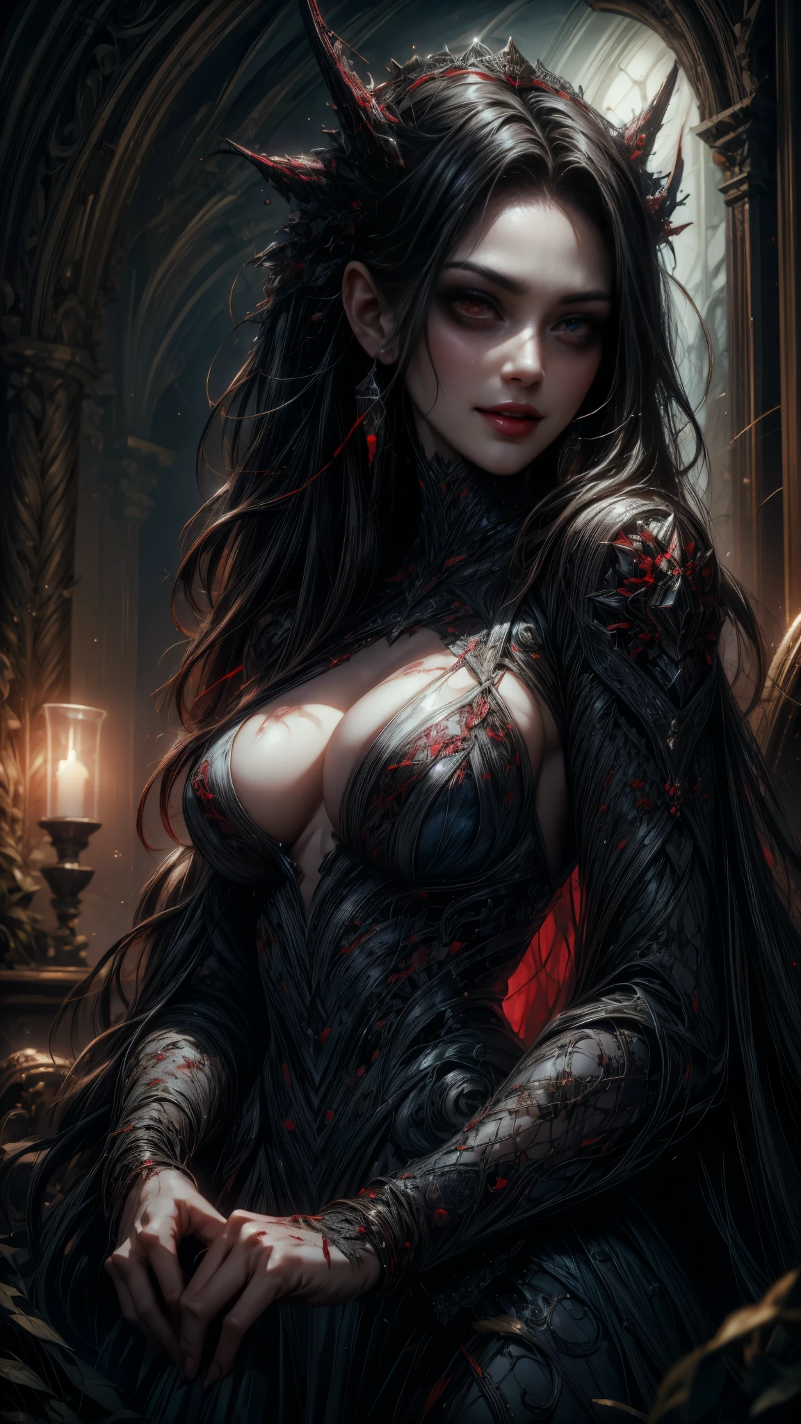 ( an evil sexy nurse , pale skin, dark blue light, night) in a,  Abandoned hospital room with low light ,  wearing a tight white nurse's uniform  [ sexy nurse costume ] that accentuates its curves,  bloodstained suit ,  with a revealing low neckline and a short hem .  She has a sadistic smile ,  straight up black hair .  The eyes of The nurse is bright red and demonic,  with gothic makeup and flowing , [beautiful detailed eyes].  smoky Her lips are delicious and shiny ,  Demonic Seduction , [ beautiful and detailed lips ].  she walks in the terrifying corridors , Holding a bloodied knife,  Ultra detailed,  ultra intricate details , close up, half body, portrait, 4k, Details in red and black, paranormal atmosphere 

