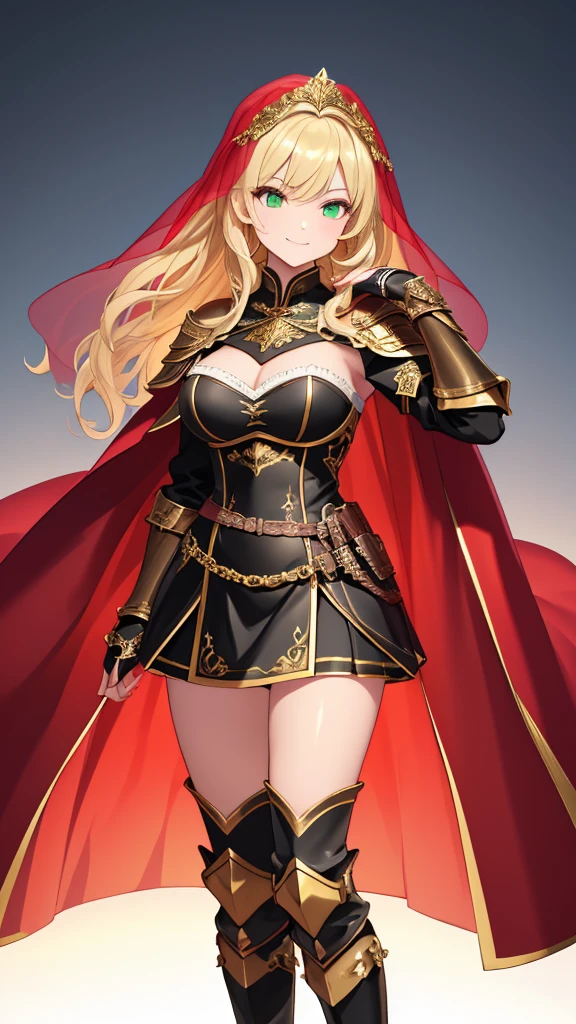 masterpiece, Best Quality, (( no background)),((1 red cloak on the shoulder ,Black leather armor with rich golden decorations,translucent white wedding short veil,A standing picture of a tall woman)), huge breasts, Bust-length blonde ,Pale skin,smile,closed mouth,Green Eyes,wavy hair,   Black Thigh-High Boots ,Black Gauntlets,   Black Ruffle Skirt , Narrow eyes,  holding nothing in hand, Arched eyebrows,Young lady