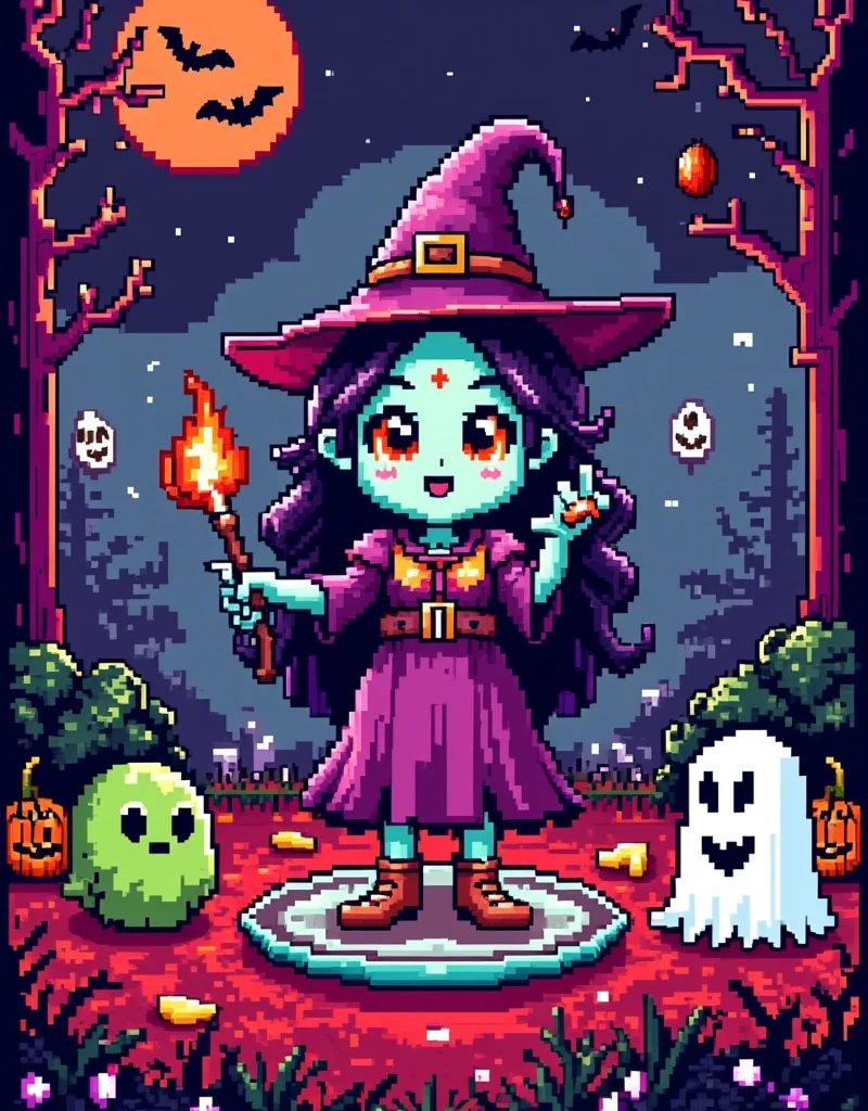 Retro Pixel Games ，Halloween Night，（ Various vegetables are cleverly combined into a cute witch making potions），（pixel style），Food sculptures ，Unique shape，Colorful，Bright colors， Standing on a high-end transparent jade plate ， A spooky cemetery ， Plaid tablecloth ，Detailed depiction， Advanced filters ， octane rendering ， High Saturation Color ， Ethereal and weird background ，Cover Art， Gorgeous Pixel Art ， Magical fantasy art ，Halloween elements，Red and white machine，8-bit pixels， pixel style 