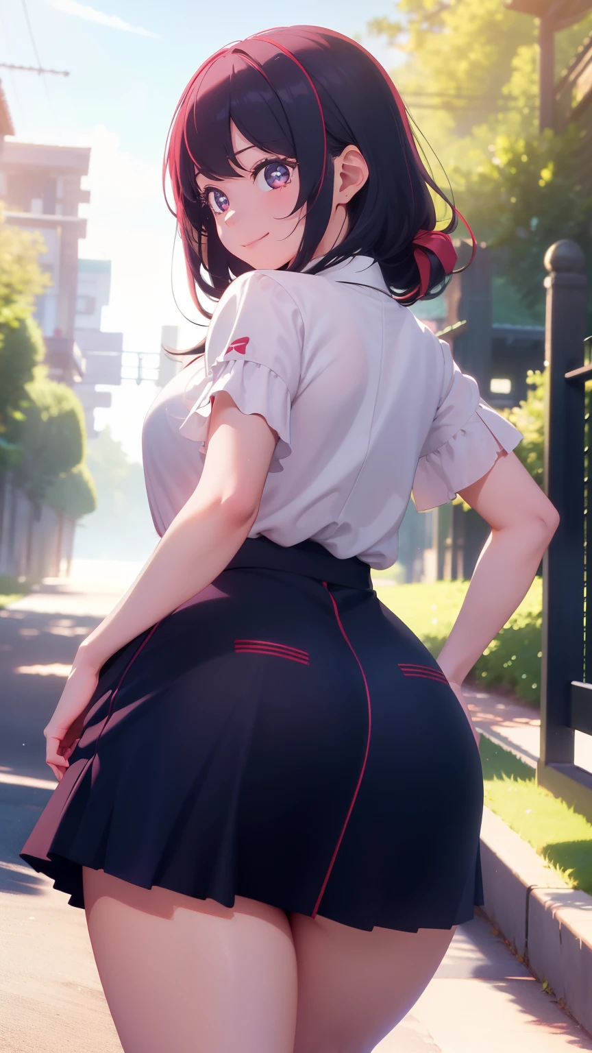 Dinamic pose, miniskirt, Thicc ass:1.2, red hair, asymmetrical hair, hairclip, hair tie, half-closed eye, pout, anime, cinematic lighting, glowing light, first-person view, from behind, from below, 8k, super detail, super detail, high quality, best quality, garden, building