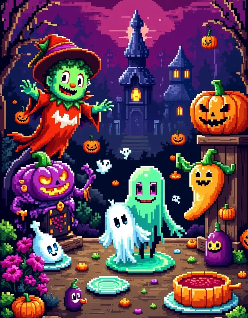 Retro Pixel Games ，Halloween Night，（ Various vegetables are cleverly combined into a cute witch making potions），（pixel style），Food sculptures ，Unique shape，Colorful，Bright colors， Standing on a high-end transparent jade plate ， A spooky cemetery ， Plaid tablecloth ，Detailed depiction， Advanced filters ， octane rendering ， High Saturation Color ， Ethereal and weird background ，Cover Art， Gorgeous Pixel Art ， Magical fantasy art ，Halloween elements，Red and white machine，8-bit pixels， pixel style 