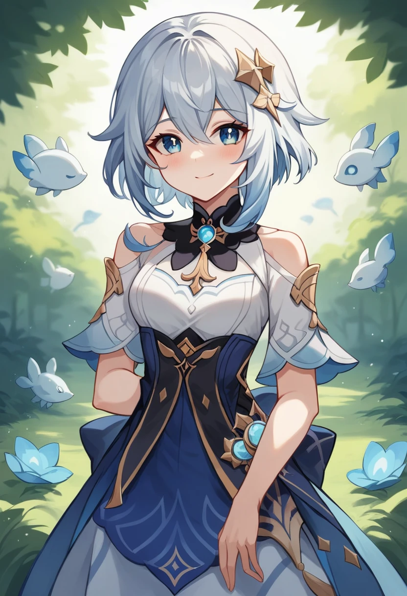 masterpiece, uncensored, BREAK, best quality, highrens, 4k resolution, minimalism, 1 girl, solo, Furina, blue style, nature, cute eyes, short hair, ornament hair, white hair, blue dress, clothed, facing forward at viewer, smile, furina_\(genshin_impact\)