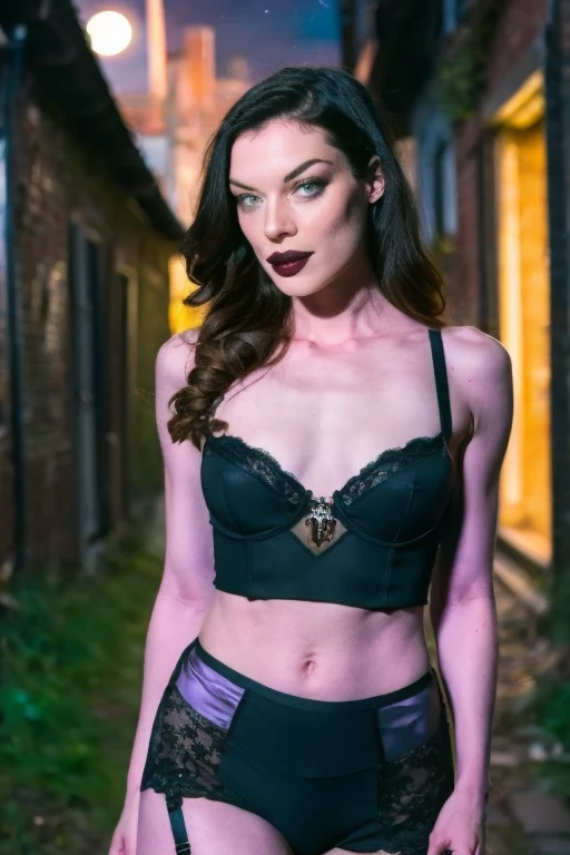 Stoya wearing a gothic medieval clothes , Hot body, sensual, sexy, at ((night in a mysterious alleyway)) setting, (((under the moonlight))). TSony Alpha A7R III, macros lens , f/5.6. ((Cinematic purple Lighting)) .